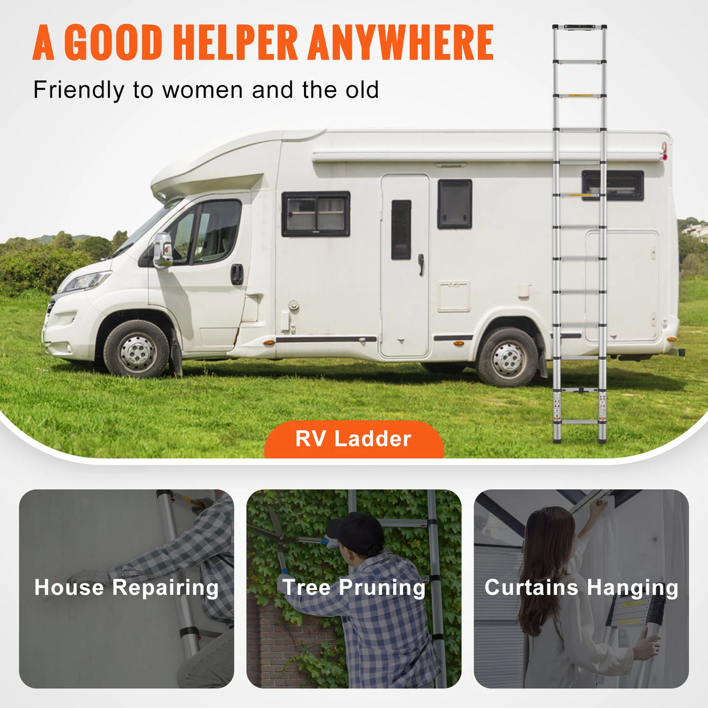 Succebuy Telescoping Ladder 12.5 FT Aluminum One-Button Retraction Collapsible Extension 375 LBS Capacity W/Non-Slip for Home RV