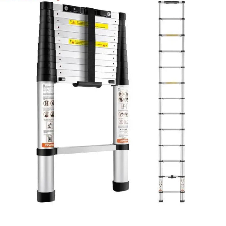 Succebuy Telescoping Ladder 12.5 FT Aluminum One-Button Retraction Collapsible Extension 375 LBS Capacity W/Non-Slip for Home RV
